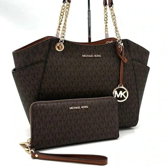 Michael Kors Large Jet Set Travel Chain Shoulder Bag & Continental Wallet Brown - Picture 3 of 15